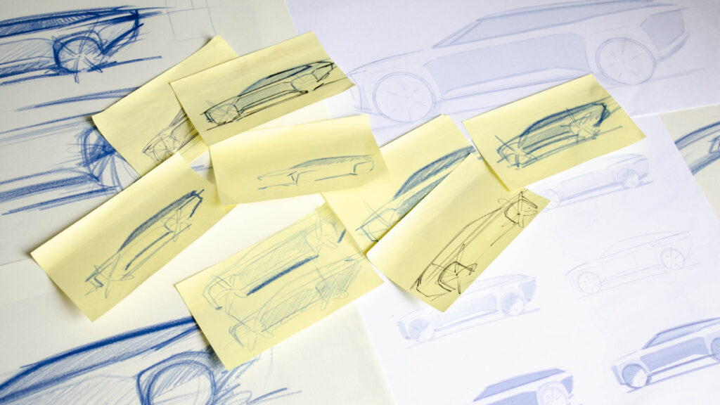 Automotive sketches of multiple car designs